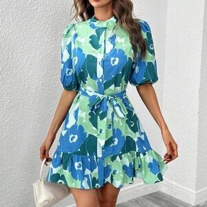 Blue Green Tropical Floral Midi Ruffle Puff Sleeves Belted Dress - LARGE
